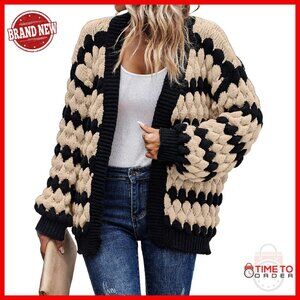 Chunky Knit Cardigan Open Front Lantern Sleeve Winter Sweater Cozy